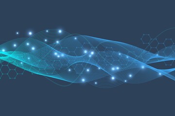 Structure molecule and communication. Dna, atom, neurons. Scientific concept for your design. Connected lines with dots. Medical, technology, chemistry, science background. Vector illustration.