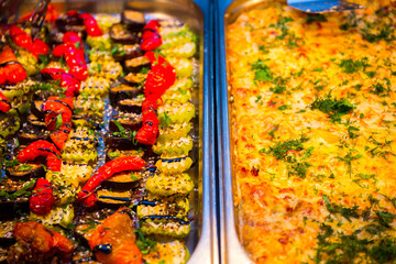 Roasted vegetables tasty meal close up view.
