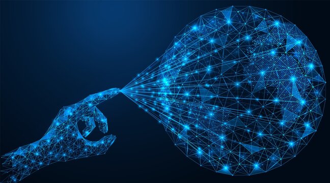 Global digital network. Instant connection to access points. The pairing of the hand and the planet. Low-poly construction of concatenated lines and dots. Blue background.