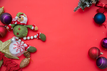 Christmas gift, velvet ribbons, decorations on red background
