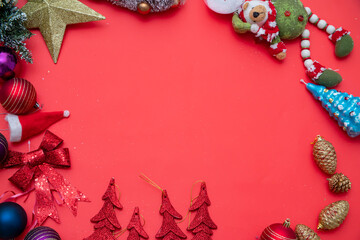 Christmas gift, velvet ribbons, decorations on red background