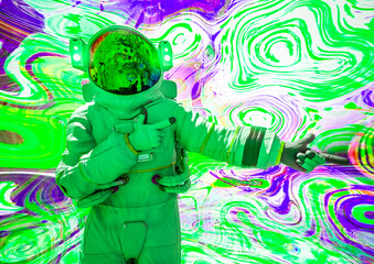 astronaut is showing the way in a psychedelic background