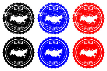 Russia - rubber stamp - vector, Russia map pattern - sticker - black, blue and red