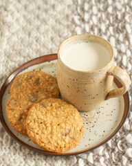 Homemade tasty oatmeal cookies with raisins, and chocolate chips. Healthy snack concept. Sweet dessert. 