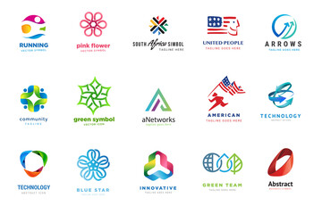 Set of logo design templates. Vector illustrations on the topic of business, technology, network, national services, green technology, ecology.