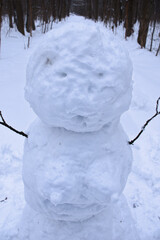 Funny snowwoman with female breast made out of snow in forest outdoors on a cold winter day