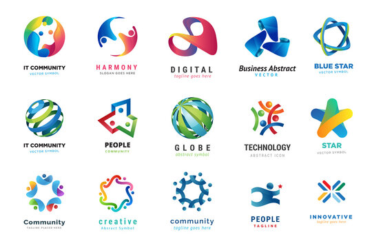 Set of logo design templates. Vector illustrations on the topic of social, media, Internet community, online communication, technology, business.