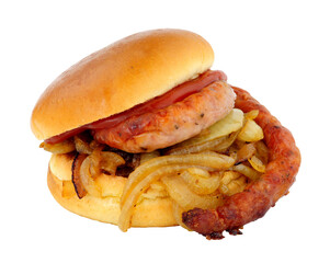 Cumberland sausage and fried onion sandwich in a brioche bread roll isolated on a white background