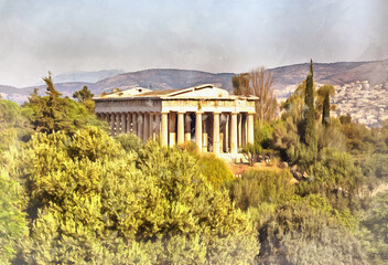 Temple of Hephaestus colorful painting looks like picture, Athens, Greece.