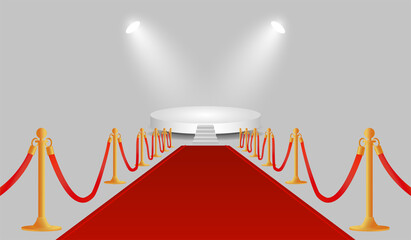 Abstract podium with lighting. Realistic red carpet and golden barriers with stairs, scene and spotlights. Stage for the award or performance by an artist. Stock vector illustration on gray bg.