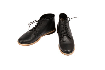 Black leather shoes on a white background. Shoes, insulated. Close up. Catalog survey.