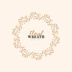 Hand drawn vector round frame. Floral wreath with leaves, berries, branches Decorative elements for design. Ink, vintage and rustic styles.