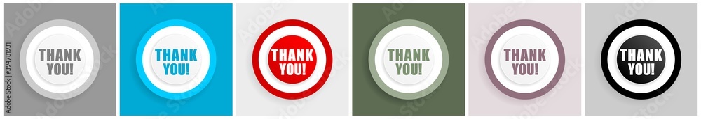 Poster thank you icon set, colorful flat design vector illustrations in 6 options for web design and mobile