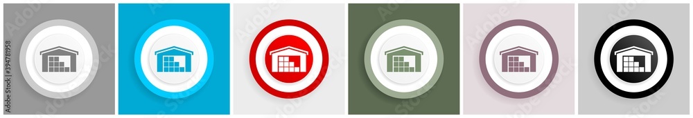 Aufkleber Warehouse, storage icon set, colorful flat design vector illustrations in 6 options for web design and mobile applications