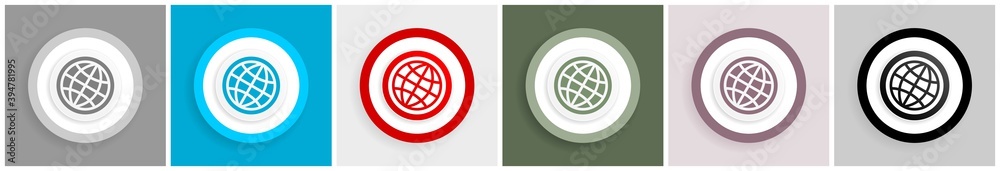 Aufkleber world, globe icon set, colorful flat design vector illustrations in 6 options for web design and mob