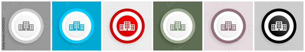 Aufkleber Office buildings icon set, colorful flat design vector illustrations in 6 options for web design and mobile applications