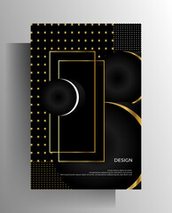 Cover design template for book, magazine, booklet, brochure, catalog, poster. Austere black pattern with geometric gold and white lines and dots. 10 EPS vector.