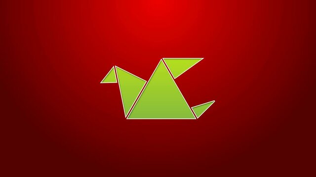 Green line Origami bird icon isolated on red background. 4K Video motion graphic animation
