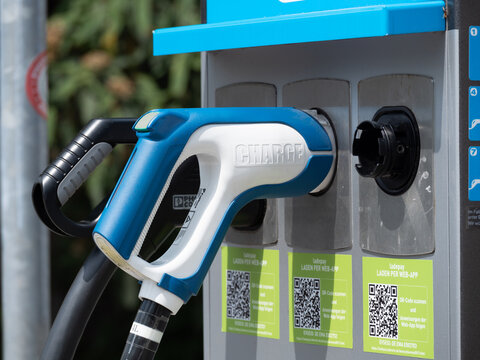 Augsburg, Germany - May 18, 2019: Electronic charging station in the city