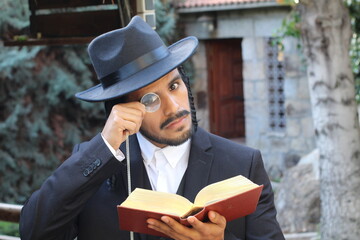 Jewish man using magnifying glass 