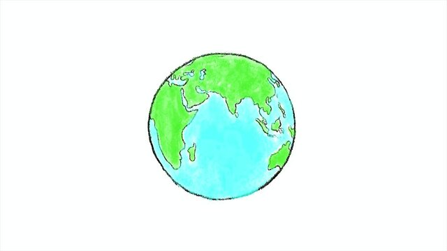 Planet Earth Spinning Seamless Loop Animation. Endless 2D Drawing Animation of Green and Blue World Globe on White Background.