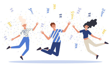Group of happy jumping or dancing young people. Concept of celebration of great teamwork. Vector illustration of male and female characters having corporate party