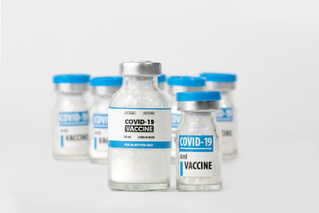 Corona Virus Vaccine injection vials medicine drug bottles. Covid-19 2019-ncov Sars-cov-2 Vaccination, immunization, treatment to cure Covid 19 Corona Virus infection. Healthcare And Medical concept.