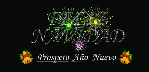 Feliz Navidad texto hecho con círculos y estrellas y Feliz Año Nuevo escrito debajo en español, fuegos artificiales por detrás sobre un fondo negro