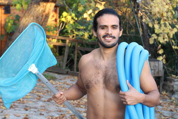 Very attractive shirtless janitor cleaning pool 