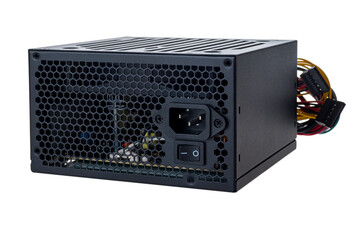 Power supply unit for a personal computer, workstation, server, isolated on a white background, computer equipment, accessories