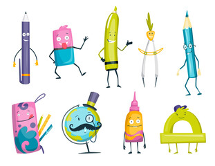 Set of cartoon characters of school supply items with happy faces. Back to school funny smileys. Vector objects isolated on white background