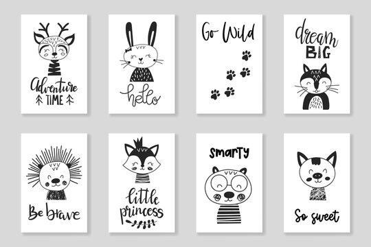 Set of cute handdrawn monochrome animals in scandinavian style with inspiration lettering. Vector illustration templates for nursery poster, inspiration print, invitation card design or gift tag