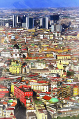 Fototapeta na wymiar Cityscape of Naples aerial view colorful painting looks like picture