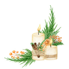 Christmas Boho bouquet with pine branches, Candle, Cinnamon stick, star anise, Orange. Watercolor Vintage borders isolated illustration. Faith or religion symbol design of New Year cards