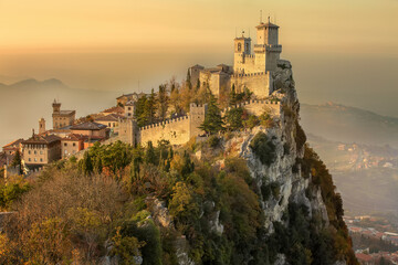 Fototapeta na wymiar Republic of San Marino, Italy, UNESCO,view of the First tower of Guaita during sunset