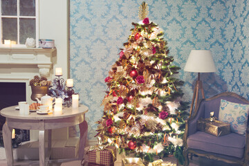 Luxury interior of living room with decorated Christmas tree and gifts on the wooden floor