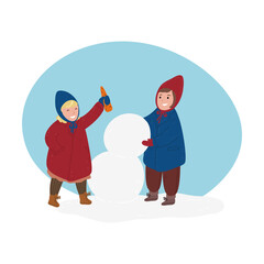 Children wearing comfortable cozy warm winter clothes making snowman