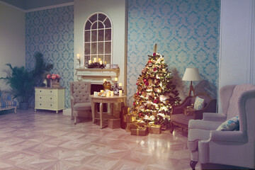 Luxury interior of living room with decorated Christmas tree and gifts on the wooden floor