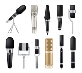 Obraz premium Microphones collection. Recorders or dictaphones for reporters. Professional media music studio equipment. Audio podcast broadcast or music record technology set of broadcasting concert equipment