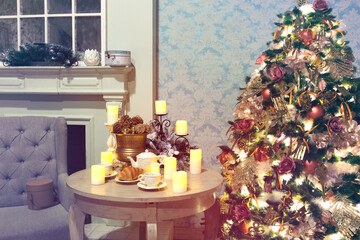Luxury interior of living room with decorated Christmas tree and gifts on the wooden floor