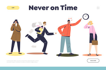 Never on time landing page with angry businessman boss and workers being late