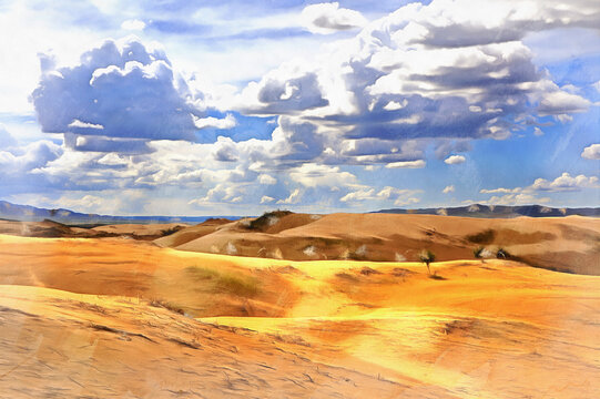 Mongol sand dunes colorful painting looks like picture.