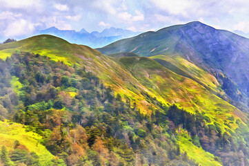 Highland view at sunny day with green forests