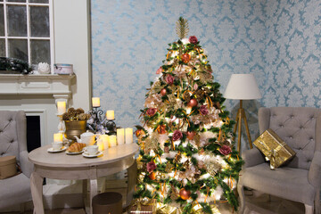 Luxury interior of living room with decorated Christmas tree and gifts on the wooden floor
