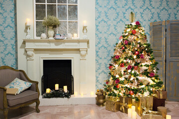 Luxury interior of living room with decorated Christmas tree and gifts on the wooden floor