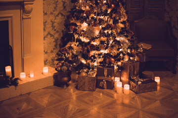 Luxury interior of living room with decorated Christmas tree and gifts on the wooden floor