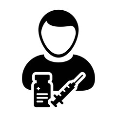 Vaccine icon vector with syringe male user person profile avatar symbol for medical and healthcare treatment in a glyph pictogram illustration