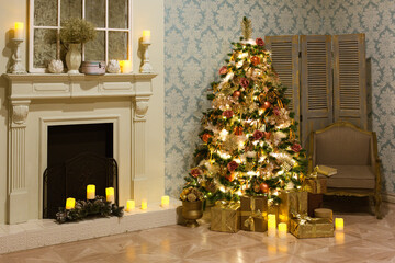 Luxury interior of living room with decorated Christmas tree and gifts on the wooden floor