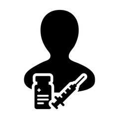 Human icon vector with vaccine syringe male user person profile avatar symbol for medical and healthcare treatment in a glyph pictogram illustration