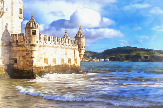 View of Belem tower old castle wall in Lisbon looks lire the water colorful painting